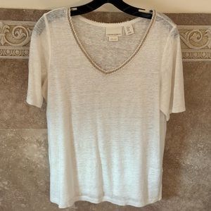 Cynthia Rowley linen White  knit tee short sleeve braiding on the v neck Sz M